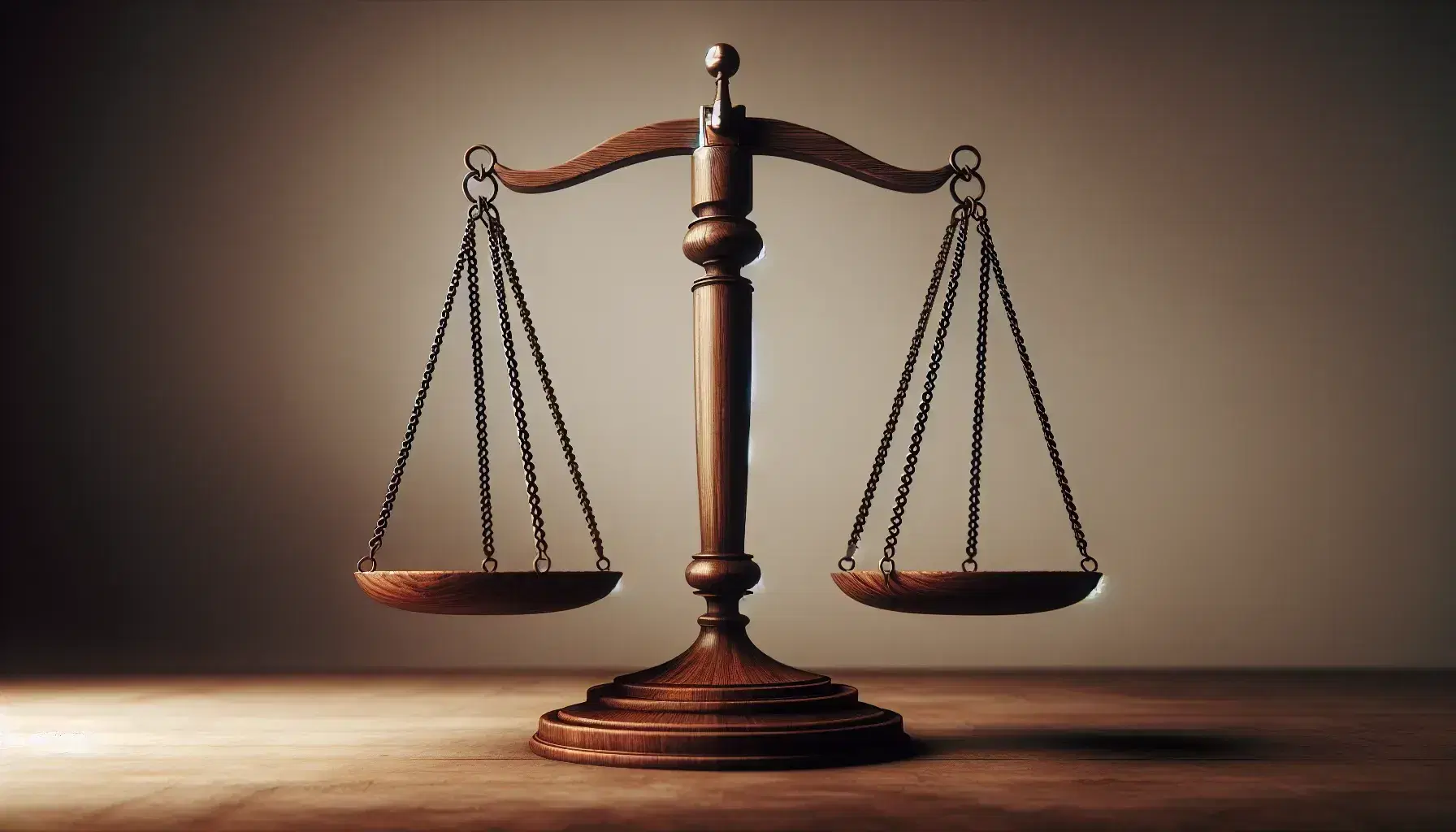 Balanced wooden justice scale with equal-sized plates hanging from chains on a neutral background, symbolizing fairness and legal equality.