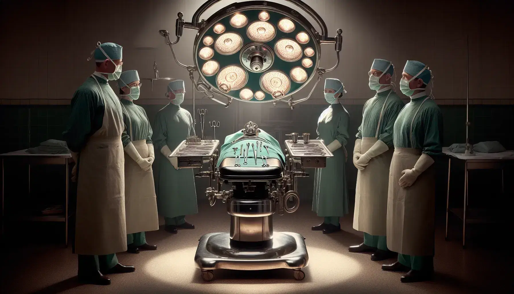 Vintage operating room with steel surgical table, articulated lamp and four surgeons in green coats ready for surgery.