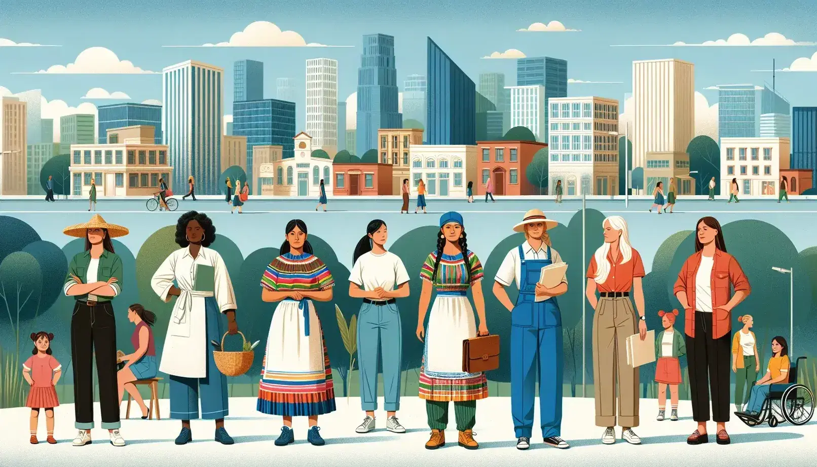 Grupo diverso de mujeres de distintas edades y etnias unidas en un entorno urbano, mostrando determinación y solidaridad bajo un cielo despejado.