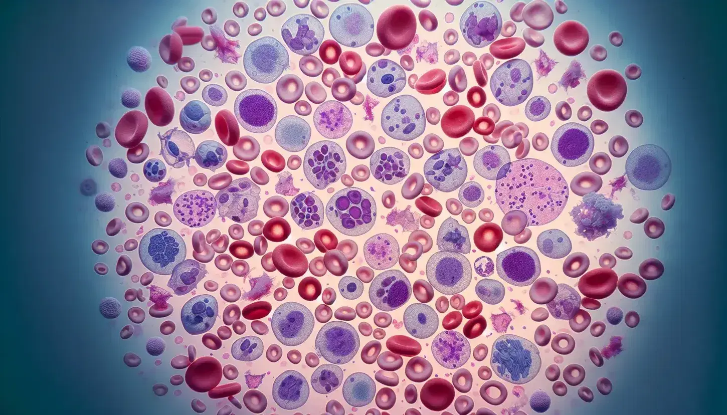 Vista microscópica de sangre humana con eritrocitos rojos, leucocitos de núcleos variados y plaquetas en fondo rosa pálido.