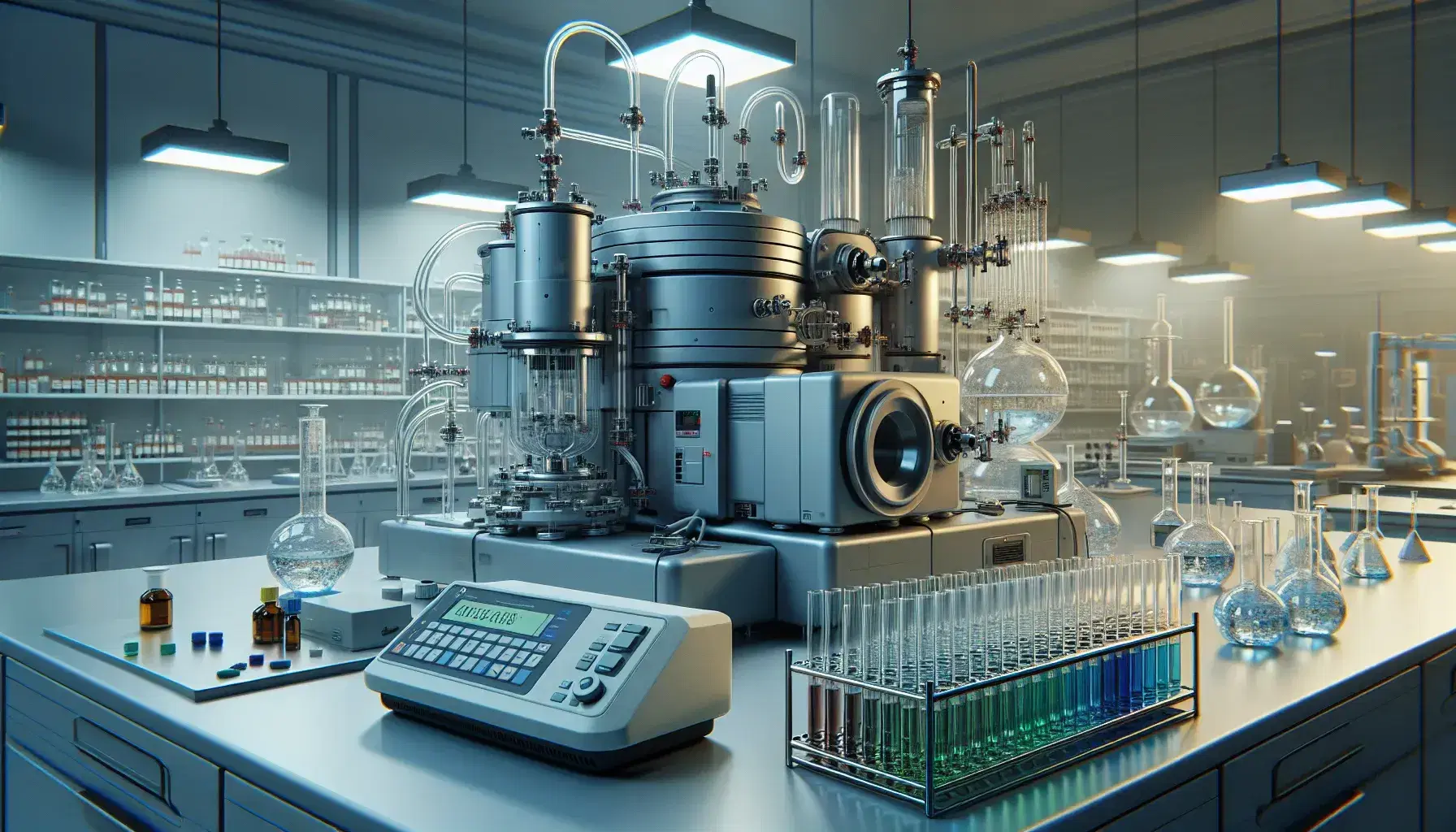 Laboratorio scientifico moderno con spettrometro di massa centrale, provette colorate su bancone e bilancia analitica digitale.