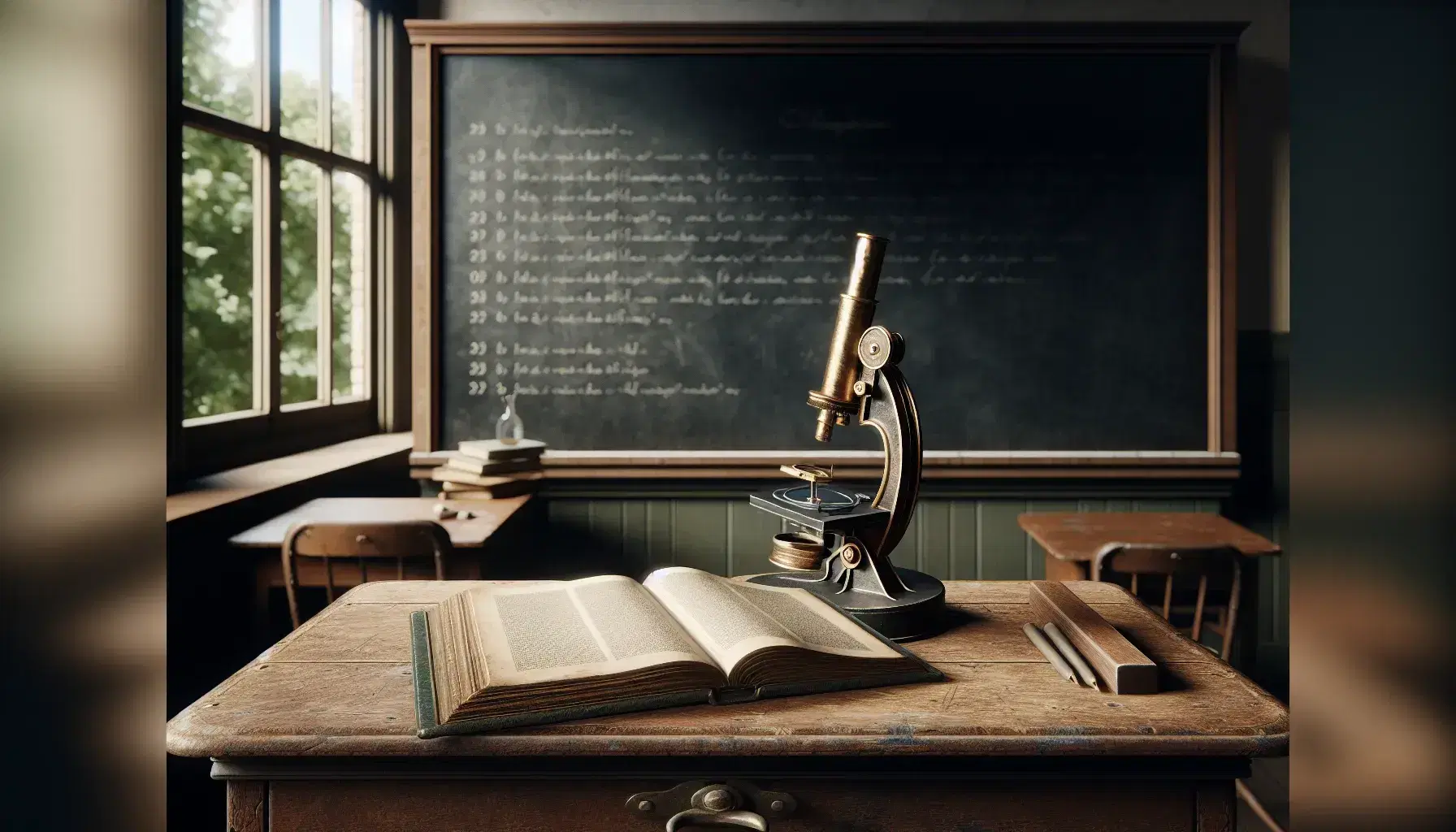 Vintage early 20th century classroom with wooden desk, open book, brass microscope and empty blackboard, windows overlooking trees.