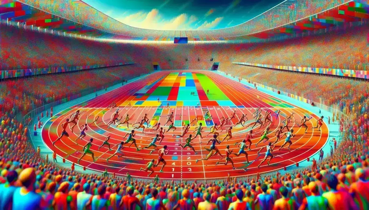 Atleti in gara su pista d'atletica in stadio olimpico affollato, sotto cielo azzurro e sole che evidenzia colori vivaci.