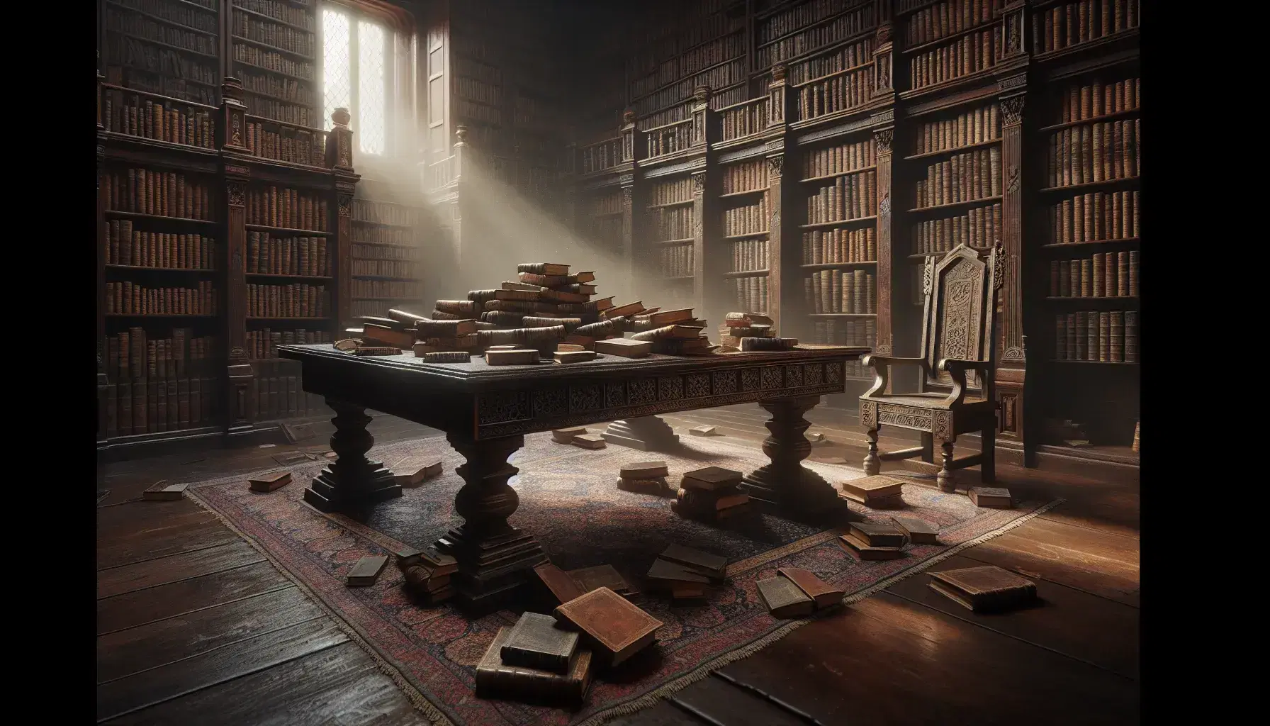 Biblioteca antigua con mesa de madera oscura y libros de cuero marrón apilados, silla vacía y estanterías llenas bajo luz natural.