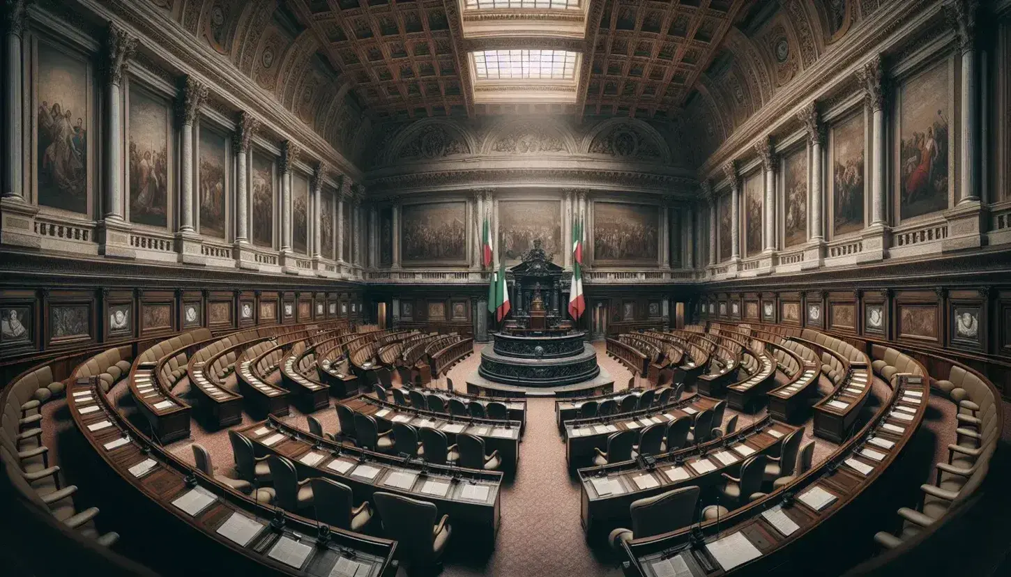 Sala storica del Parlamento italiano con scrivanie in legno a semicerchio, podio del presidente e bandiere tricolori.