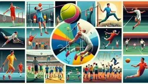 Collage de escenas deportivas con atleta de salto con pértiga, tenistas en juego, partido de fútbol, niños jugando y baloncesto táctico, reflejando diversidad y energía en deportes.