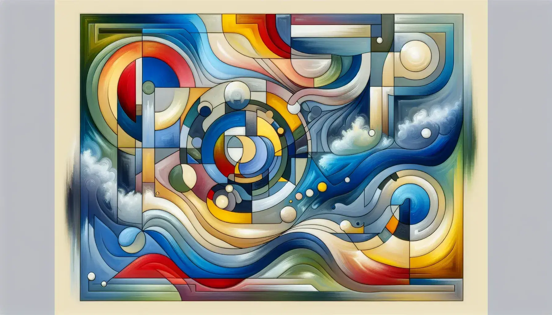 Dipinto astratto dinamico con forme geometriche e organiche sovrapposte in colori vivaci come blu, rosso, giallo e verde.