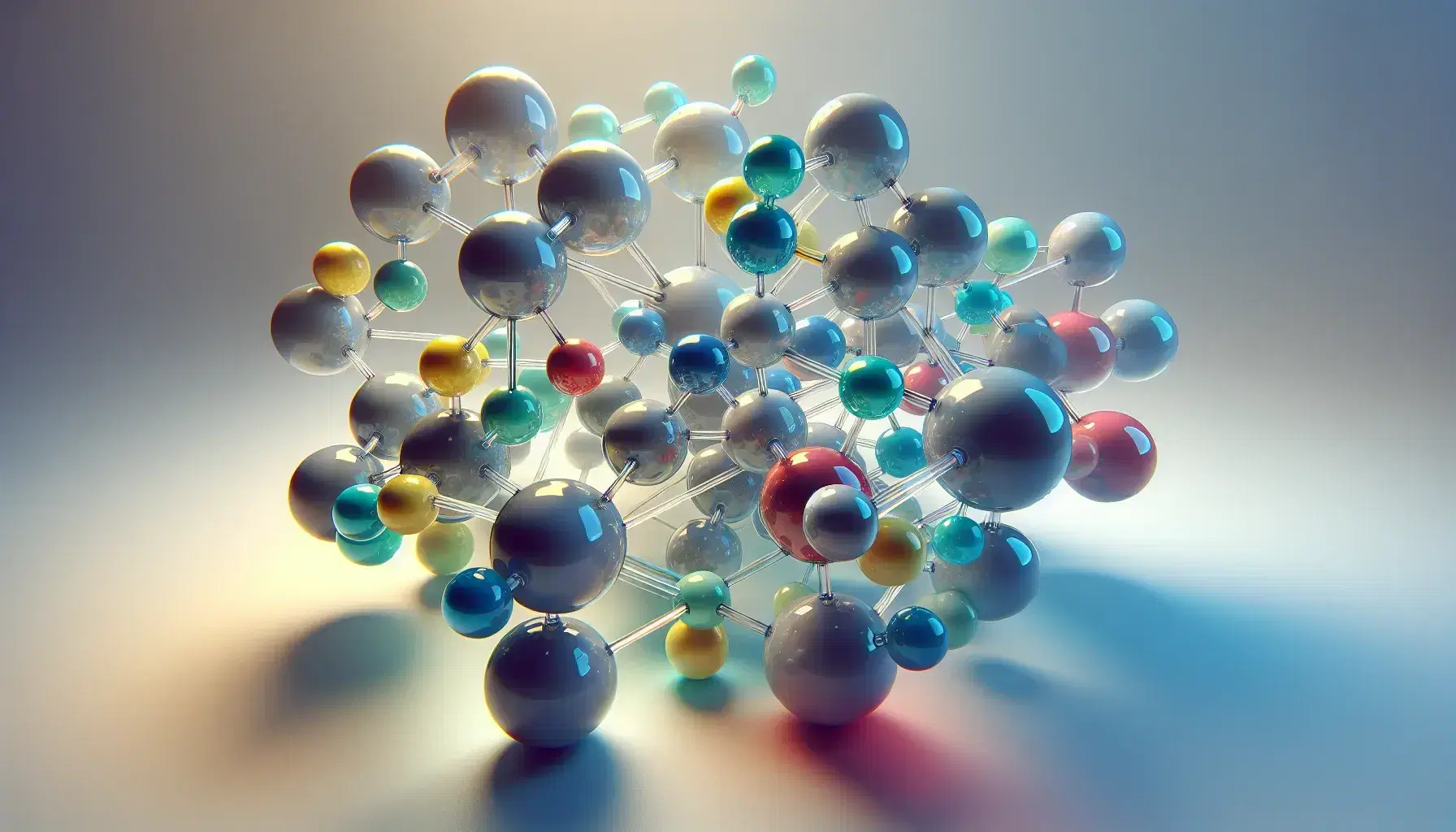 Representation of atomic structures with colorful shiny spheres connected by translucent rods on a gray gradient background.