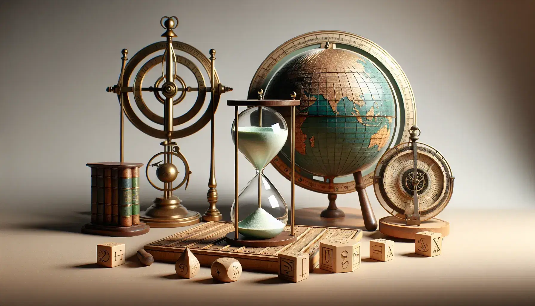 Clessidra in vetro con sabbia, bussola antica in ottone, mappamondo stilizzato e calendario in legno su sfondo neutro.