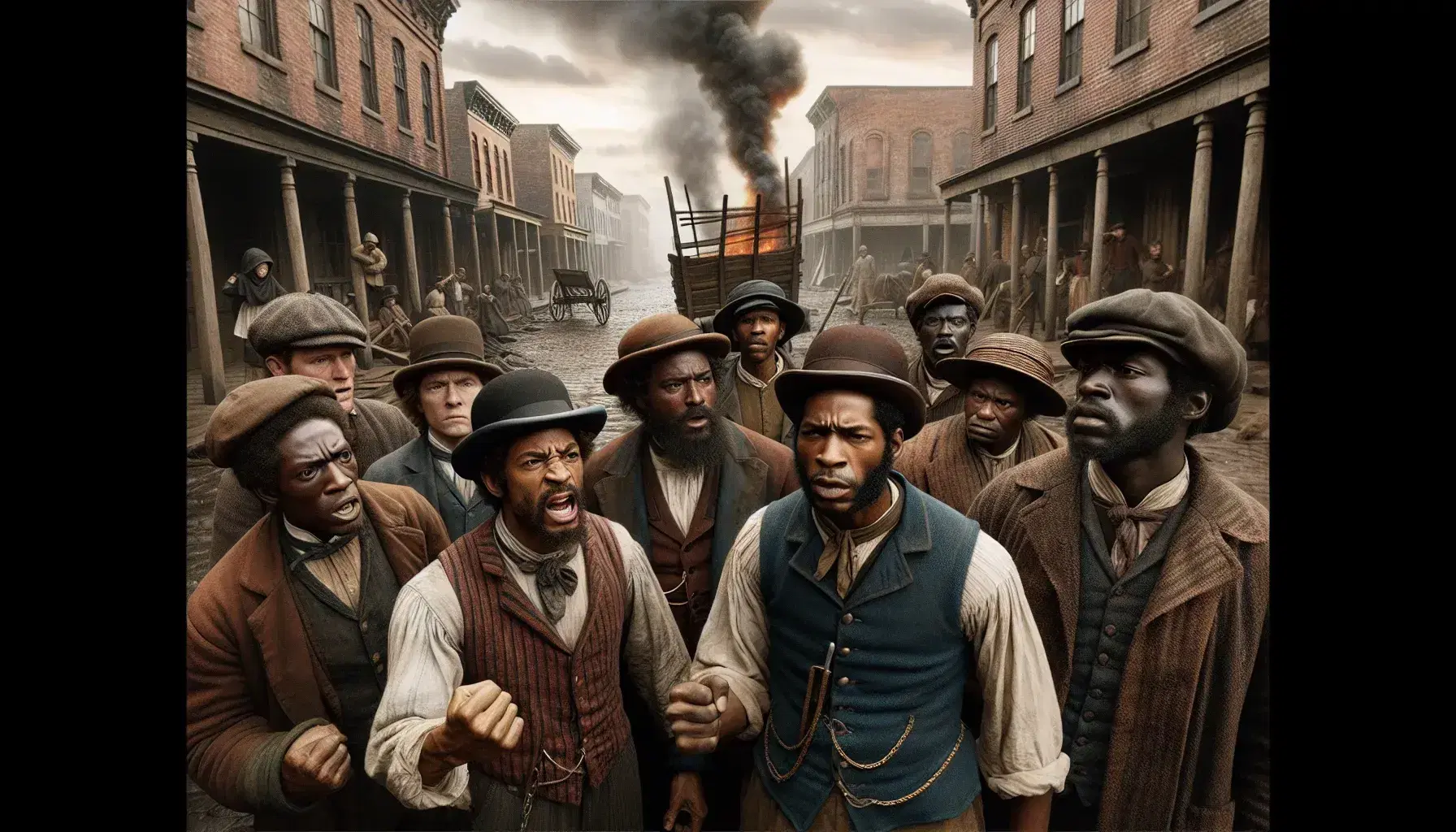 Mid-19th century street scene with diverse men in period attire showing tension, a burning cart, and vintage buildings, evoking the Civil War era.