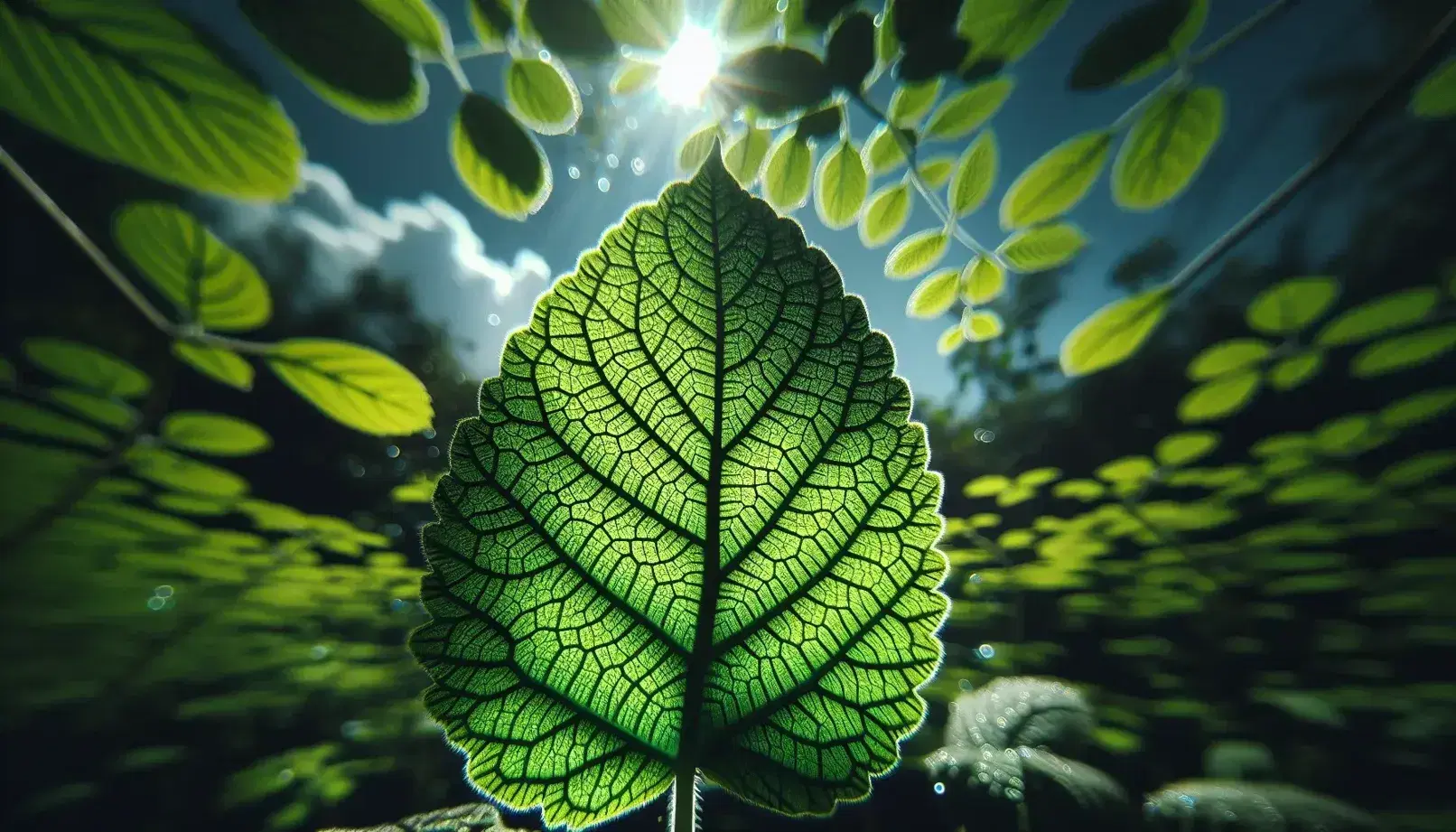 Foglia verde brillante in primo piano con venature evidenti e gocce di rugiada, sfondo sfocato naturale e cielo azzurro.