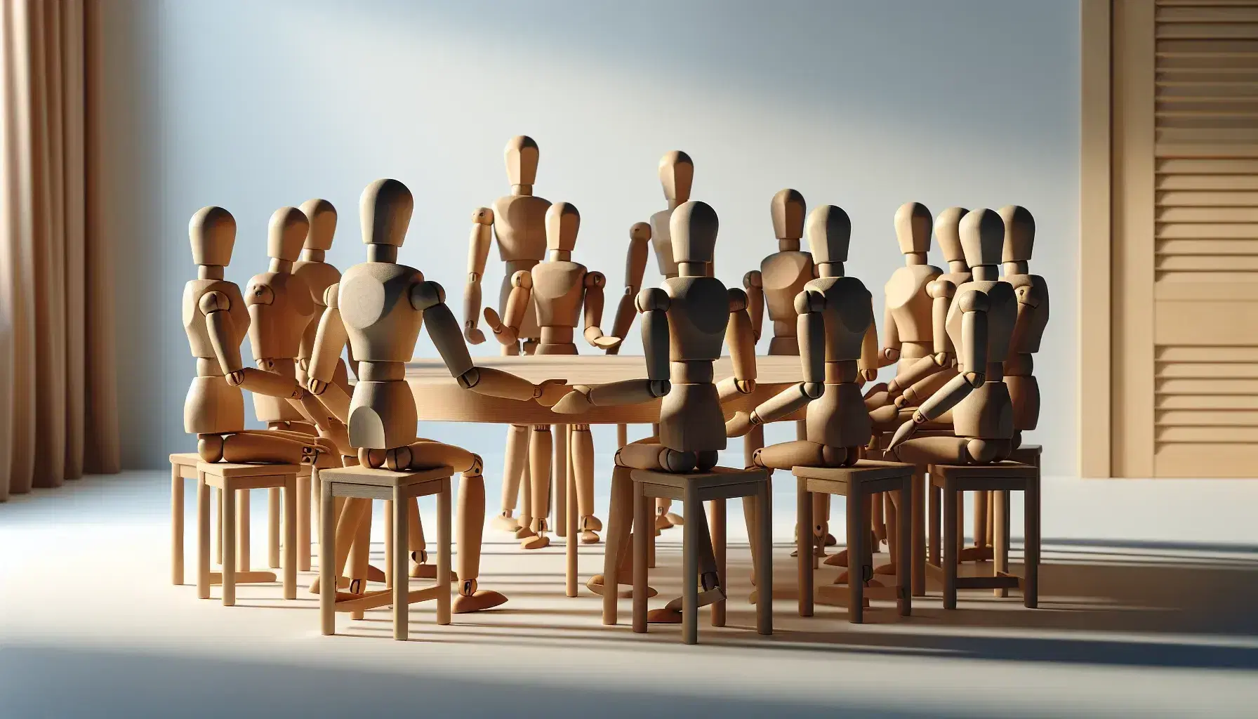 Maniquíes articulados de madera en semicírculo sobre mesa clara simulando interacción social, con gestos de comunicación y fondo blanco.