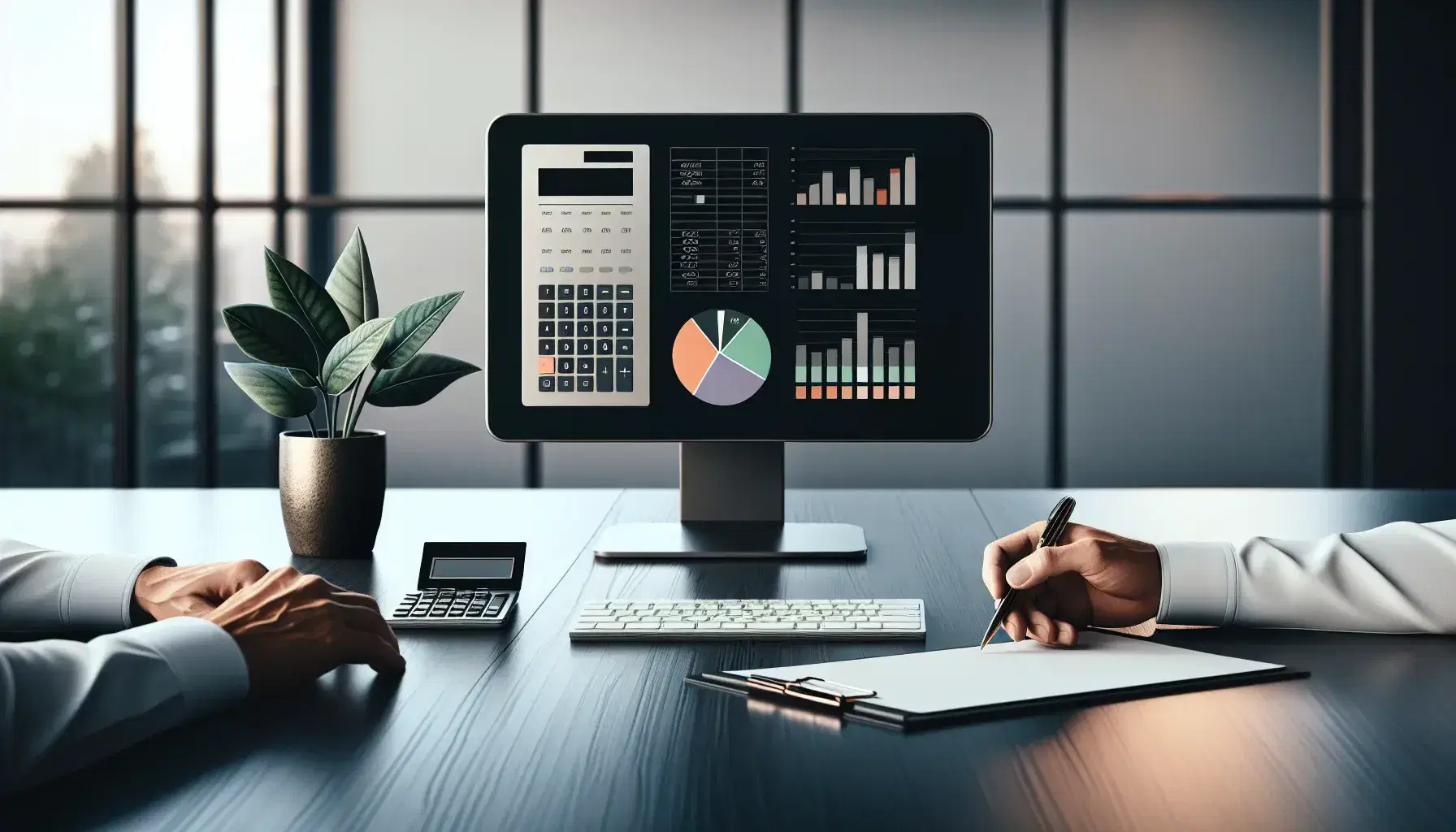 Modern accounting workspace with a sleek desk, computer monitor displaying graphs, calculator, hands with pen over clipboard, and a potted plant.