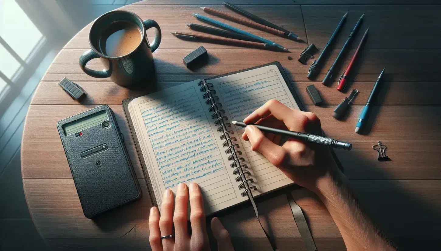 Mano sosteniendo lápiz negro escribiendo en cuaderno con espiral y hojas rayadas sobre mesa de madera, junto a grabadora apagada y taza con bolígrafos.