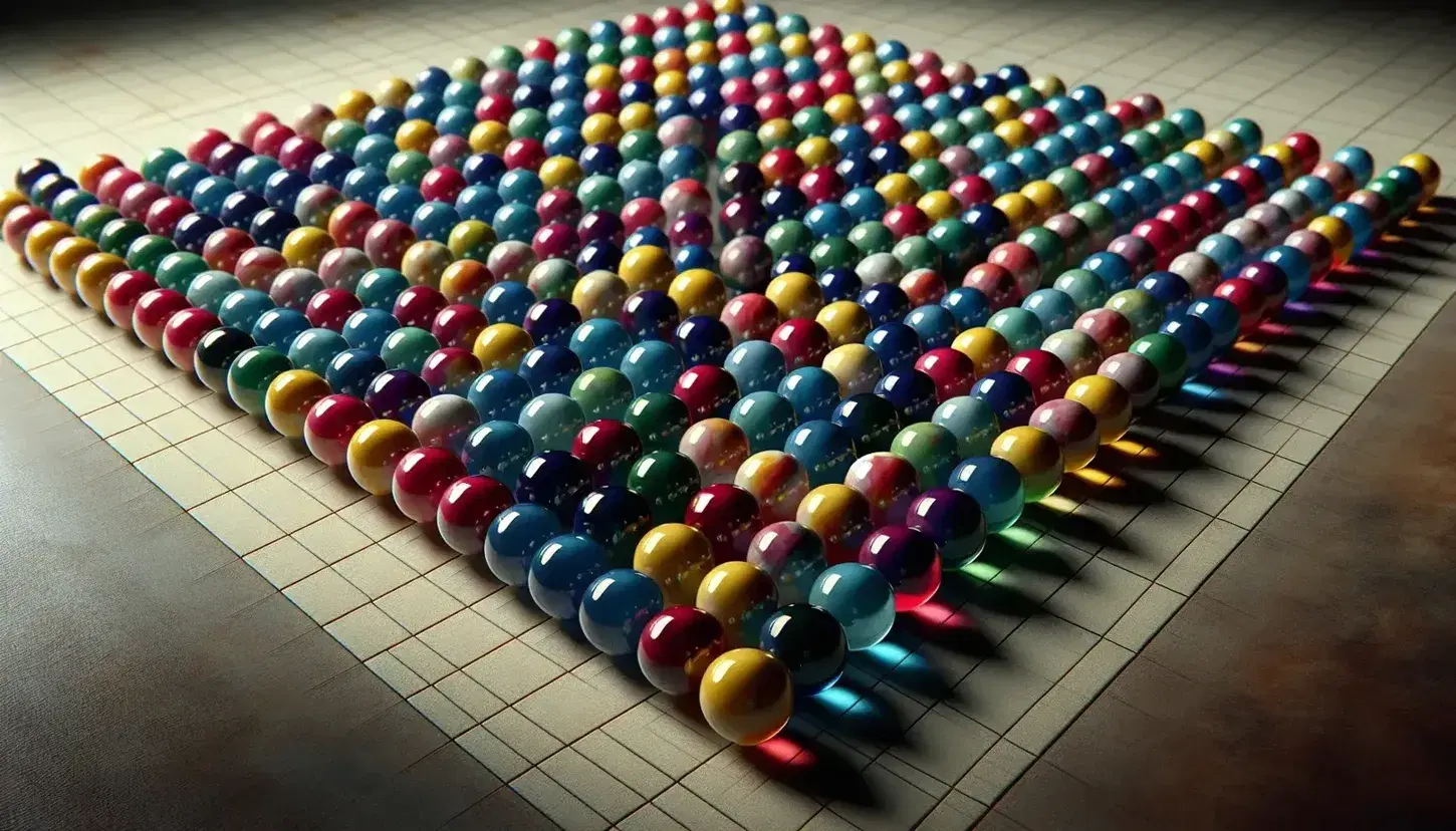 Close-up of colored marbles arranged in a grid on a neutral surface, with bright reflections and light shadows, without repeating colors.