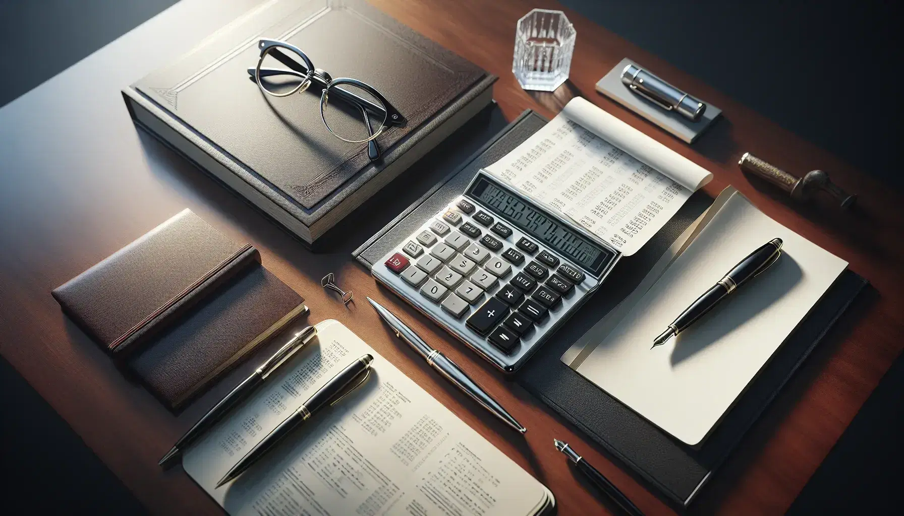 Organized office desk with modern calculator, stack of paper, open book with charts, silver eyeglasses, black fountain pen, leather notebook, and glass paperweight.