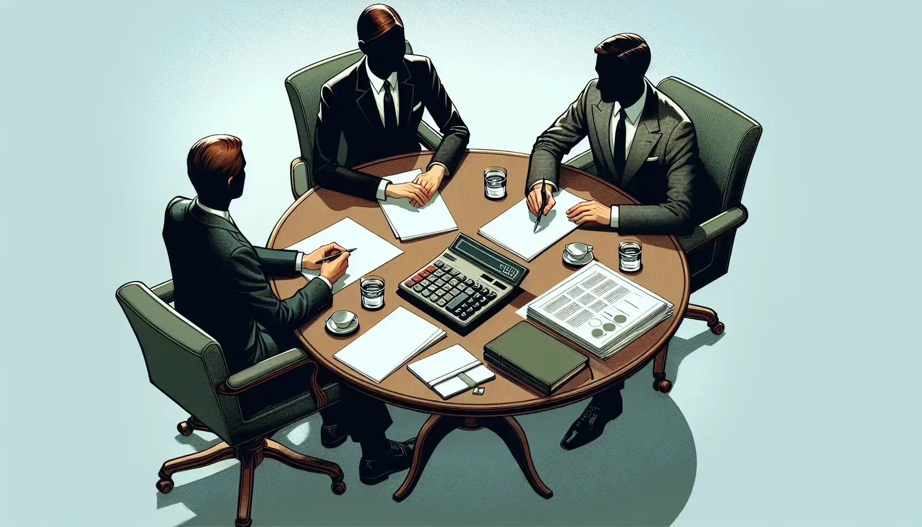 Three professionals in a meeting with an actuary pointing at a blank paper, calculator, and book on a table, with a cityscape visible through a window.
