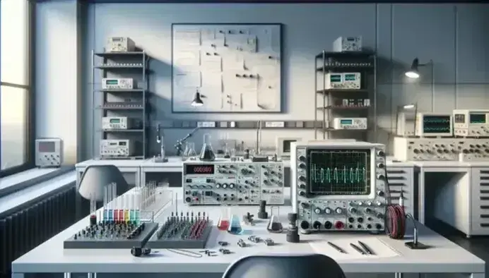 Laboratorio scientifico moderno con tavolo di lavoro, oscilloscopio spento, generatore di funzioni, cavi elettrici e circuiti su breadboard.