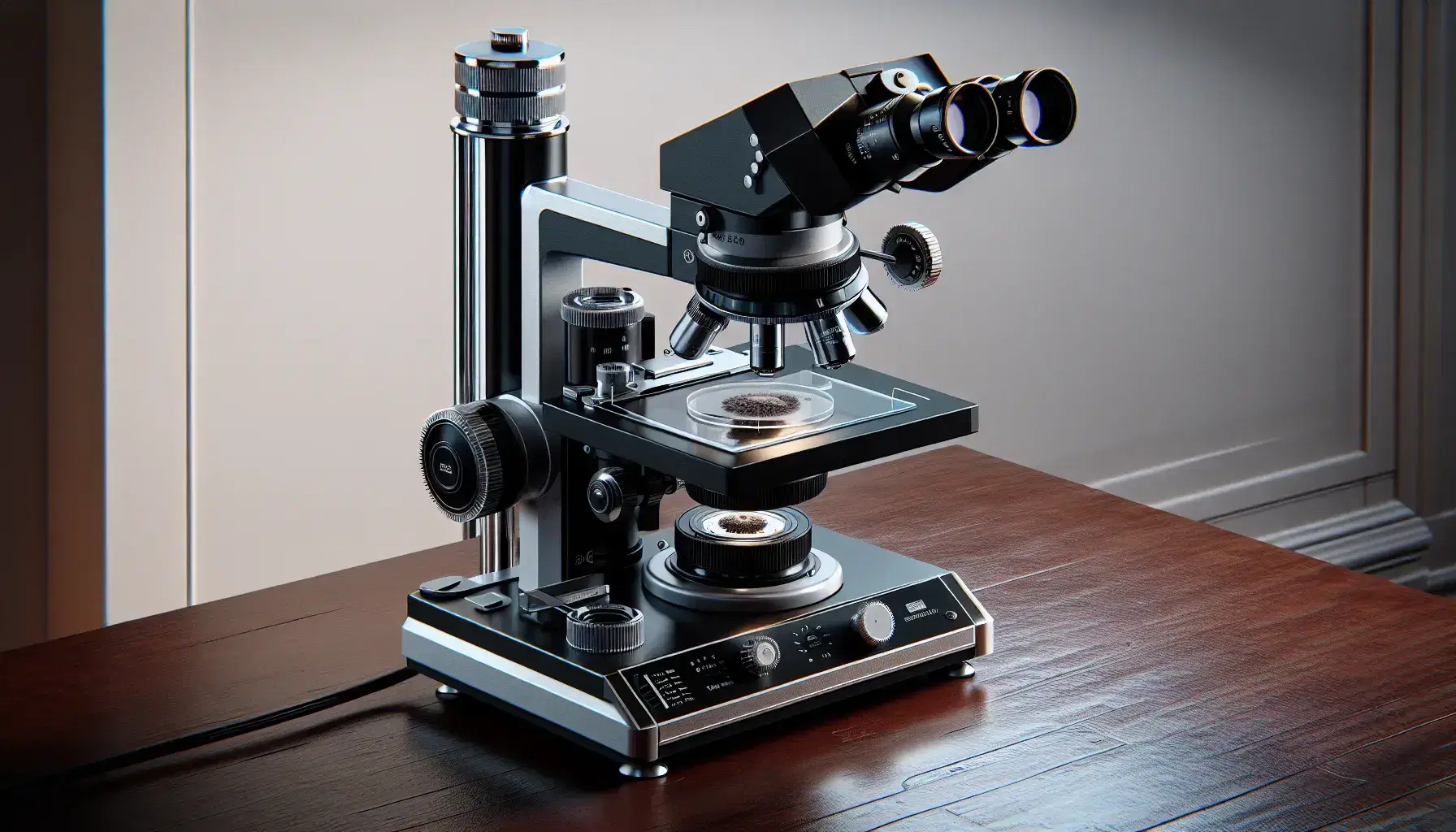 Microscopio ottico nero e argento su tavolo in legno scuro con portaoggetti e campione biologico, illuminazione integrata, sfondo neutro.