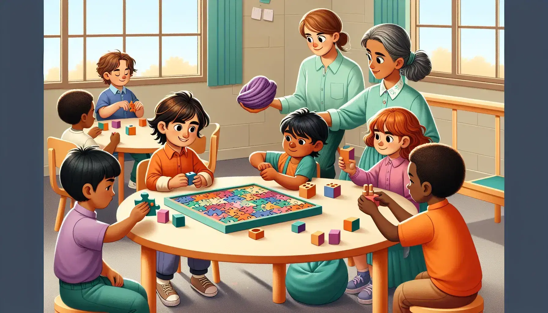 Teenage middle eastern girl inserts colorful puzzle piece in classroom, next to Asian boy stacking wooden blocks, child with sensory toy and attentive teacher.