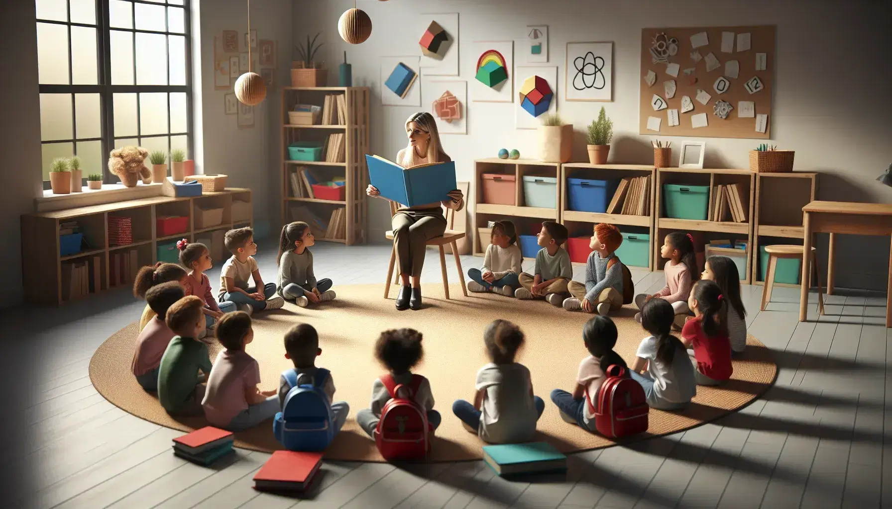 Niños atentos escuchando a maestra leer un libro ilustrado en aula luminosa, con mochilas y cuadernos alrededor y estantería con libros al fondo.