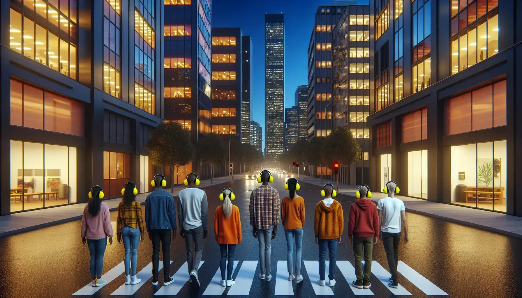 Paesaggio urbano al crepuscolo con persone diverse con cuffie gialle che attraversano un incrocio, edifici illuminati sullo sfondo.