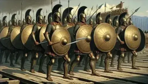 Greek hoplites in bronze armor with round shields and spears, Corinthian helmets, in the background triremes at sea during the Peloponnesian War.