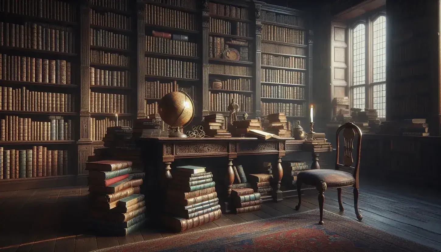 Biblioteca antigua con estantes de madera oscuros llenos de libros, mesa central con globo terráqueo y gafas, y alfombra persa en suelo de madera.