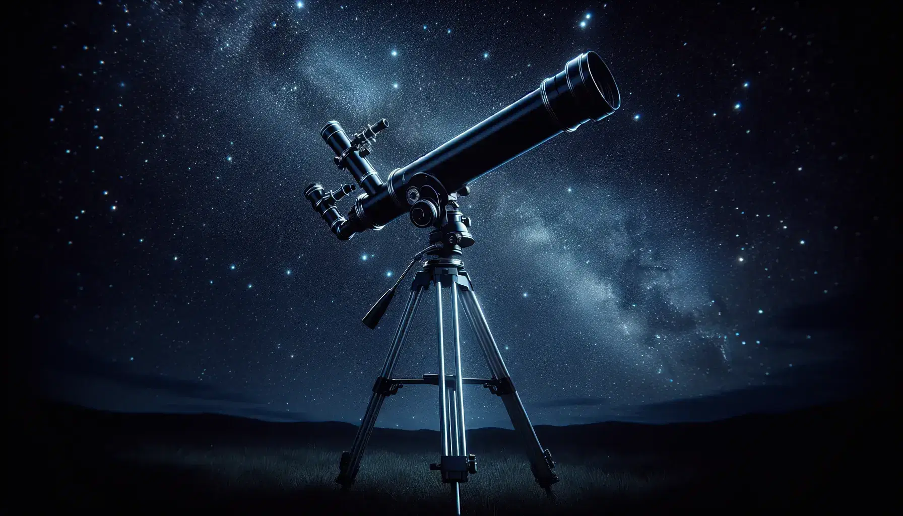 Telescopio rifrattore classico su treppiede puntato verso il cielo stellato notturno senza nuvole, con erba scura in primo piano.