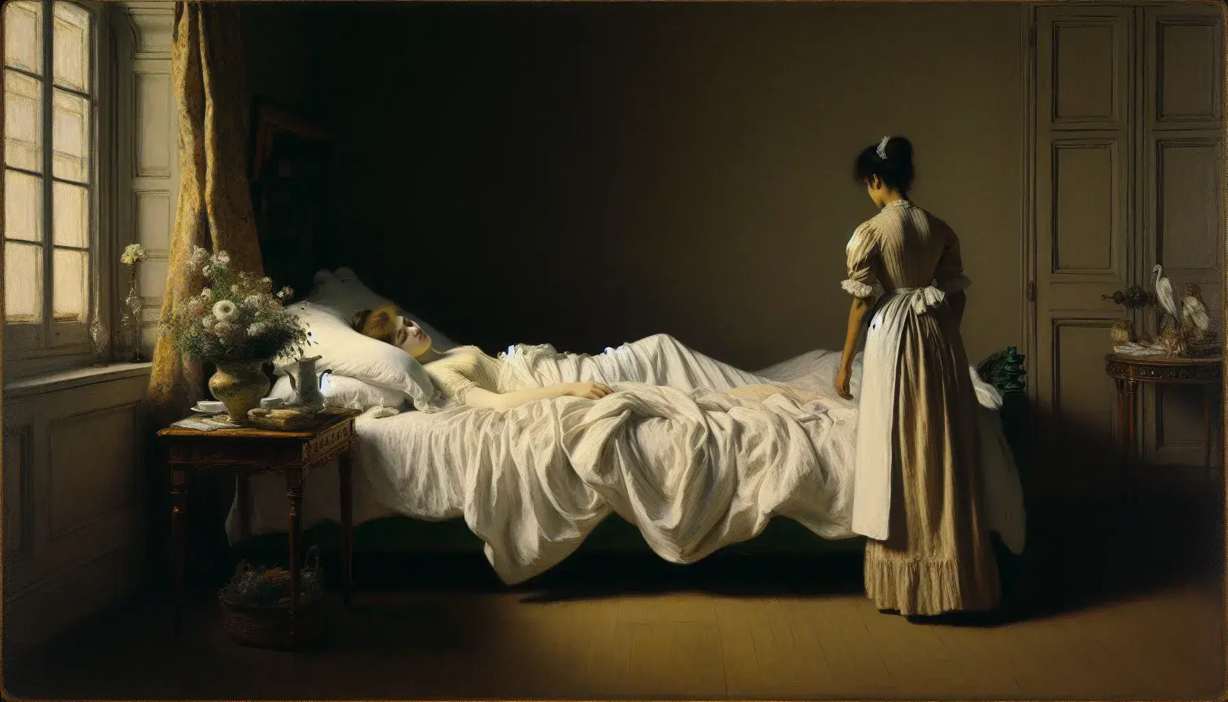 Donna sdraiata su letto con drappo scuro e serva in piedi con mazzo di fiori in stile Manet, gioco di luci e ombre.