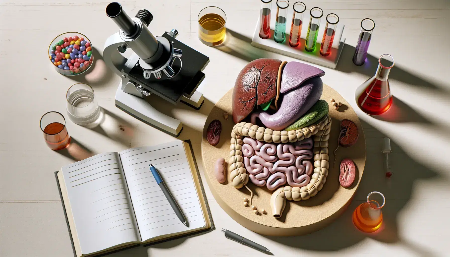 Vista superior de una mesa de laboratorio con modelo anatómico del sistema digestivo humano, microscopio, plato de Petri, tubos de ensayo con líquidos de colores y cuaderno con bolígrafo.