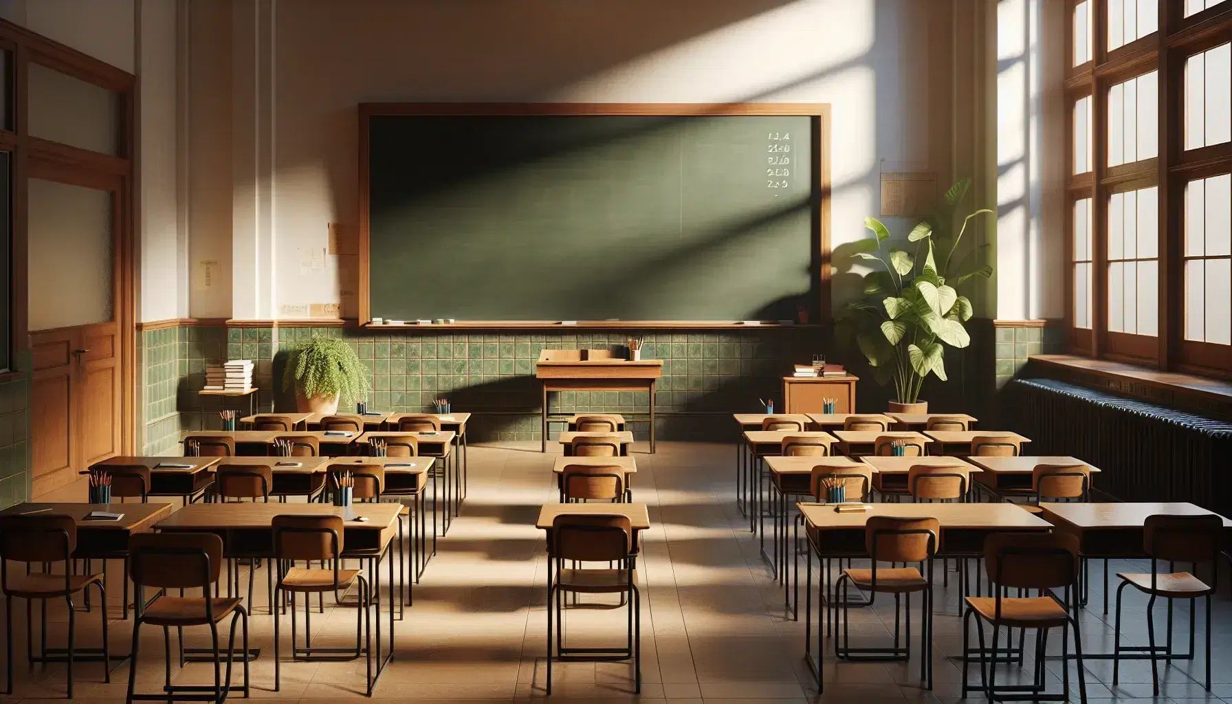 Aula escolar tradicional con pupitres de madera en filas, pizarra verde limpia al fondo y planta verde en maceta terracota, iluminada por luz natural.