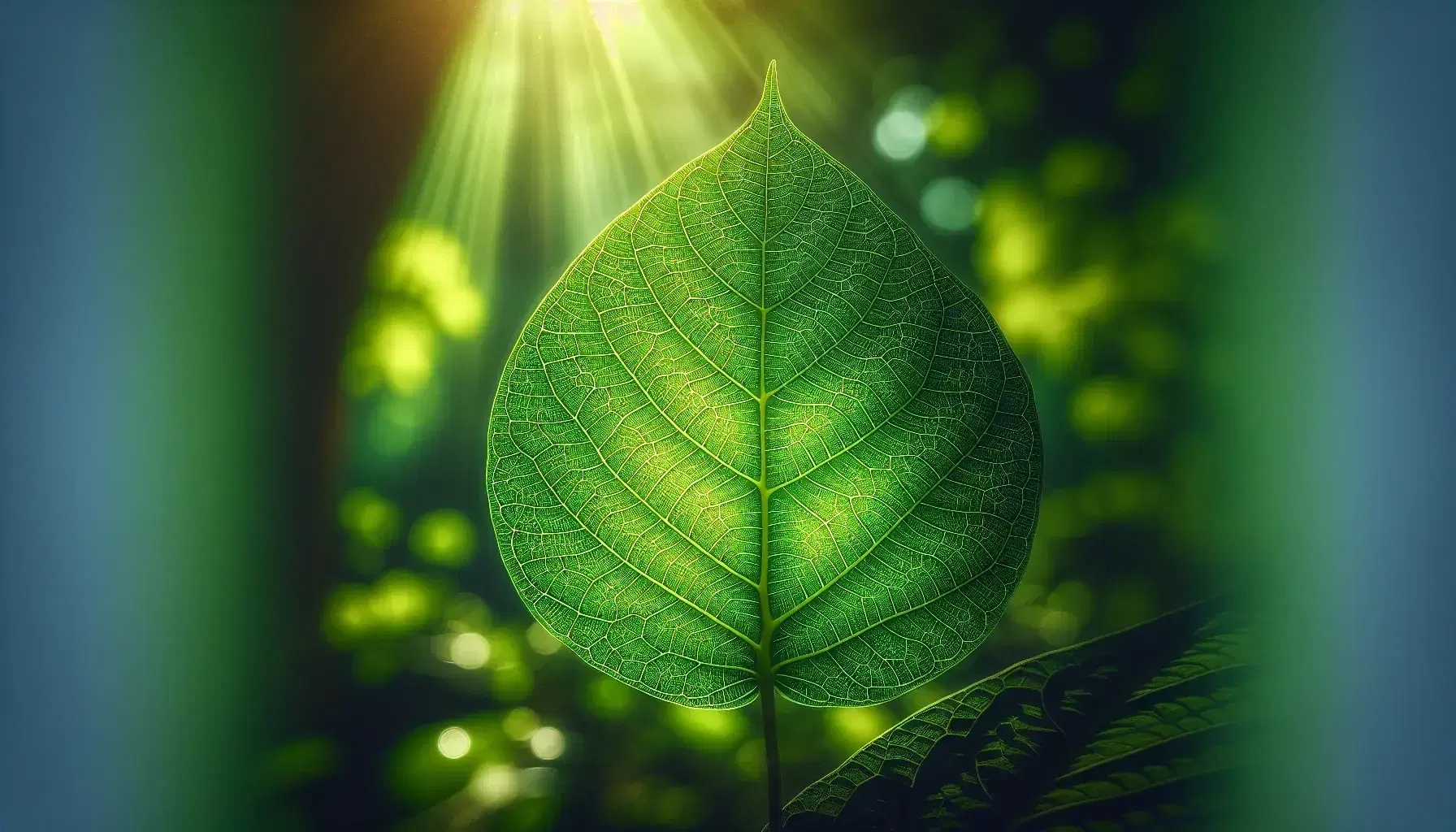 Lush green leaf with veins highlighted by sunlight, blurred background of green and yellow suggesting lush nature.