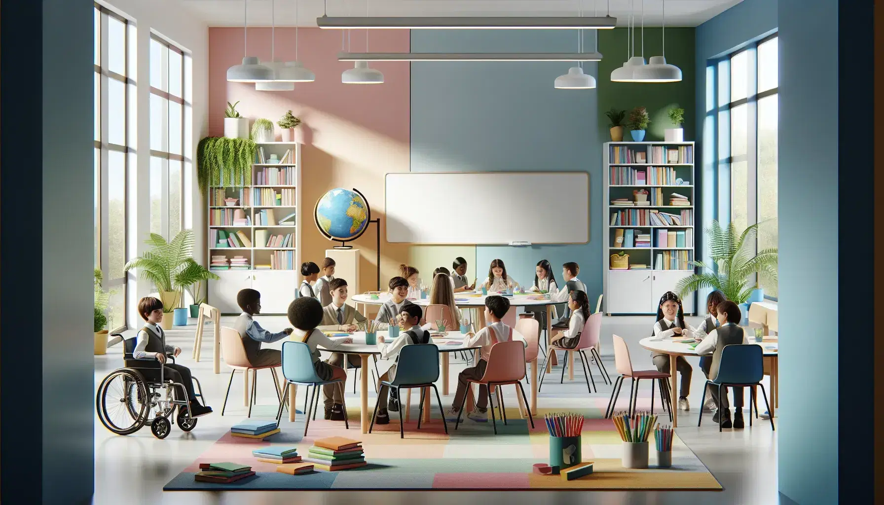 Aula escolar moderna y colorida con estudiantes diversos interactuando alrededor de una mesa redonda, algunos en sillas de ruedas, con plantas y luz natural.