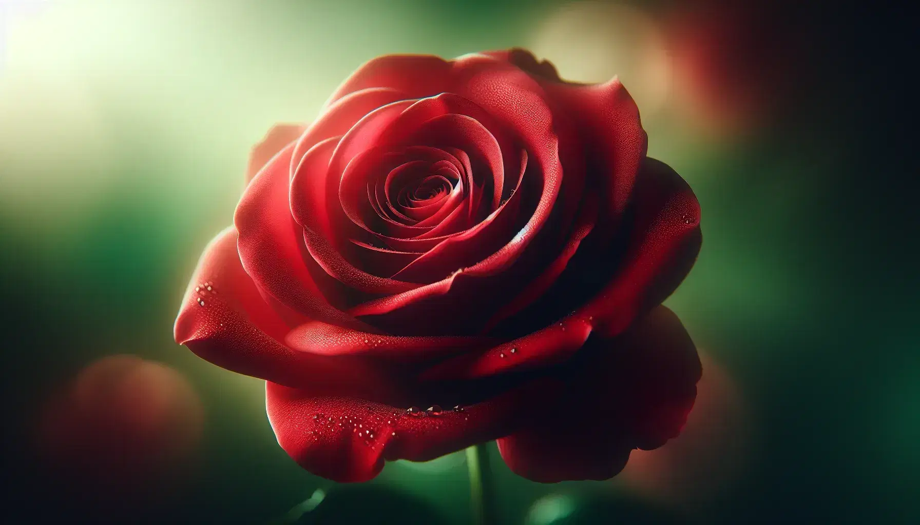 Vibrant red rose in full bloom with overlapping petals and water droplets, set against a soft green background, showcasing nature's beauty.