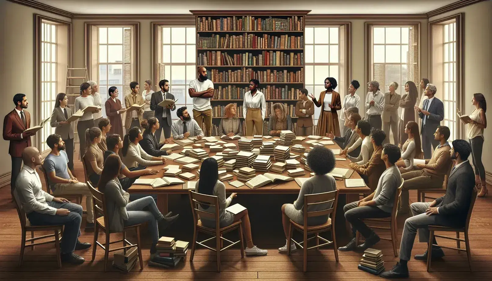 Diverse group of adults in a study session around a wooden table with papers and books, South Asian woman leading, in a well-lit beige room.