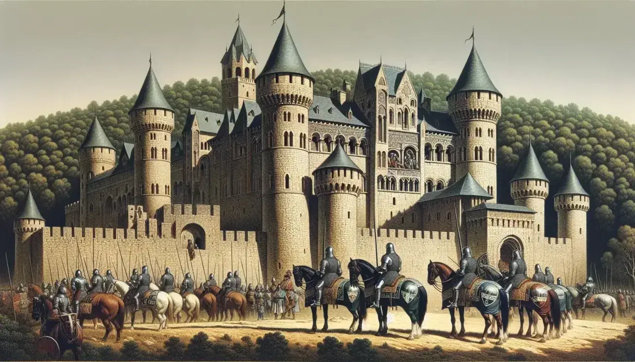 Medieval castle on a hill with Romanesque architecture, surrounded by knights on horseback and foot soldiers against a forest backdrop under a clear sky.