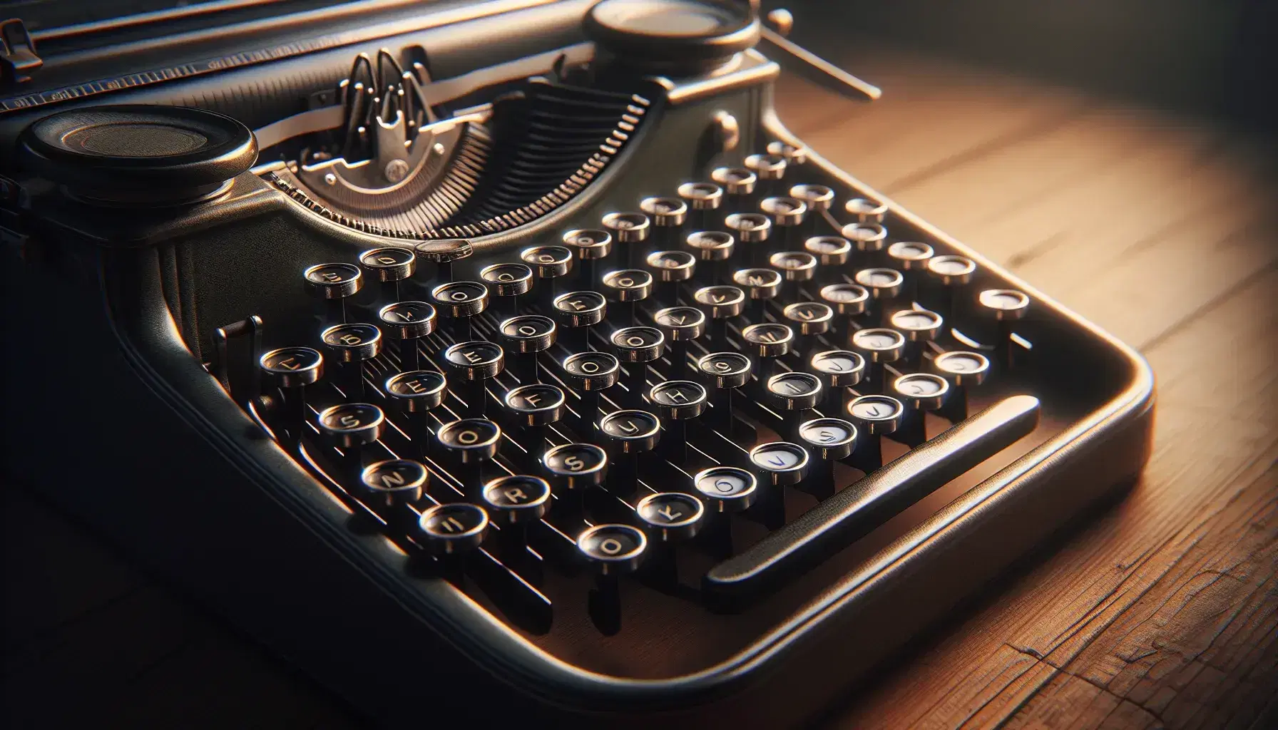 Close-up view of a vintage typewriter with glossy black keys and silver rings, set against a warm, blurred wooden background.