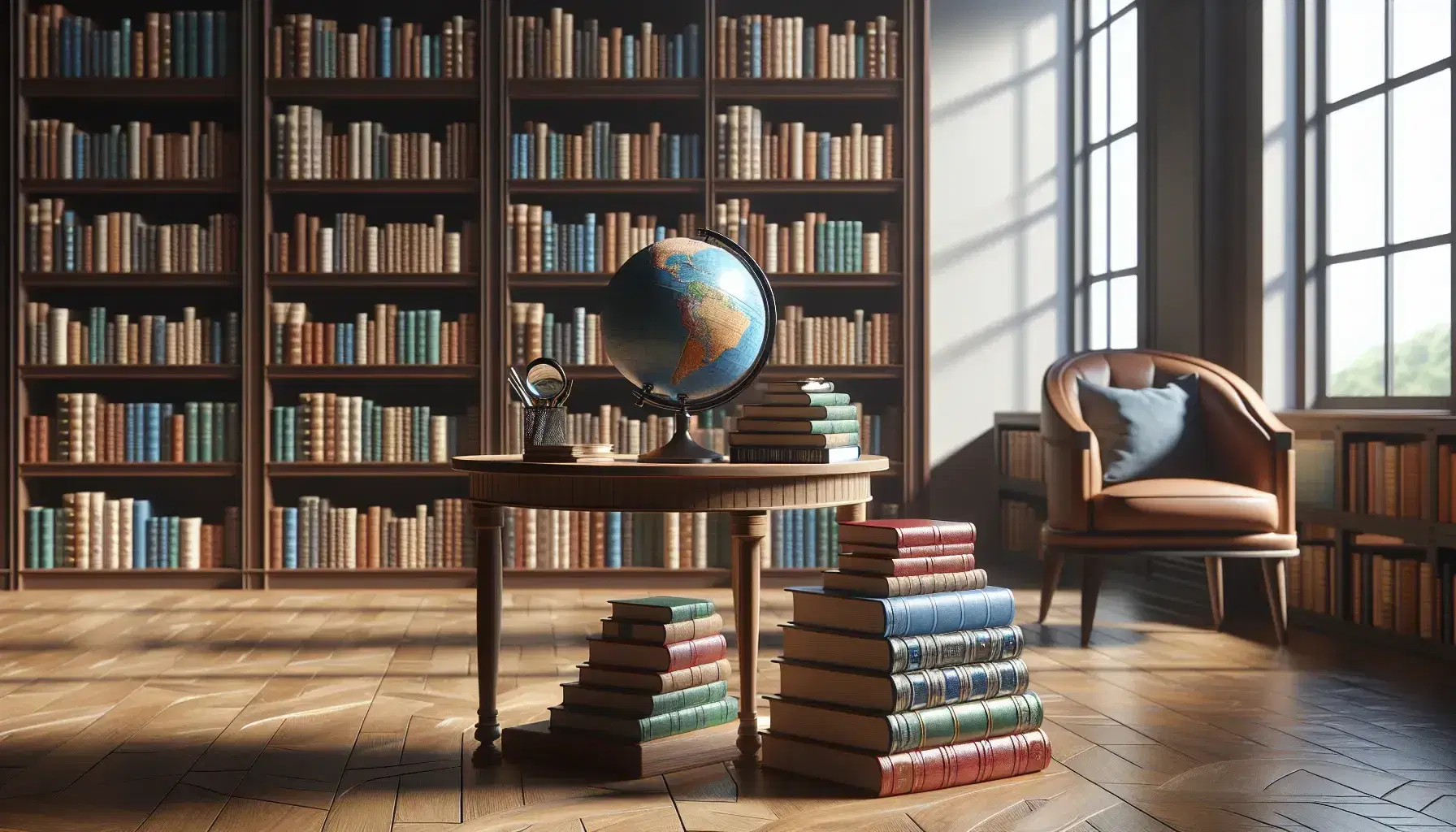 Biblioteca luminosa con estanterías de madera oscura llenas de libros, mesa con globo terráqueo y lupa, y silla con cojín rojo.