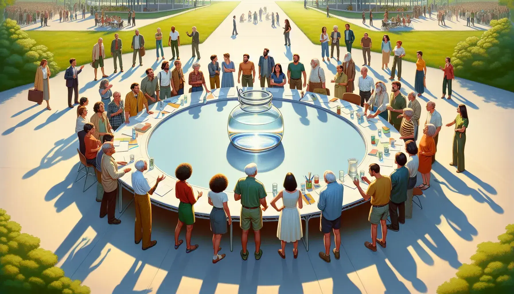 Grupo diverso de personas en animada reunión al aire libre, discutiendo documentos en una mesa redonda con jarra de agua y vasos, en un entorno verde y soleado.