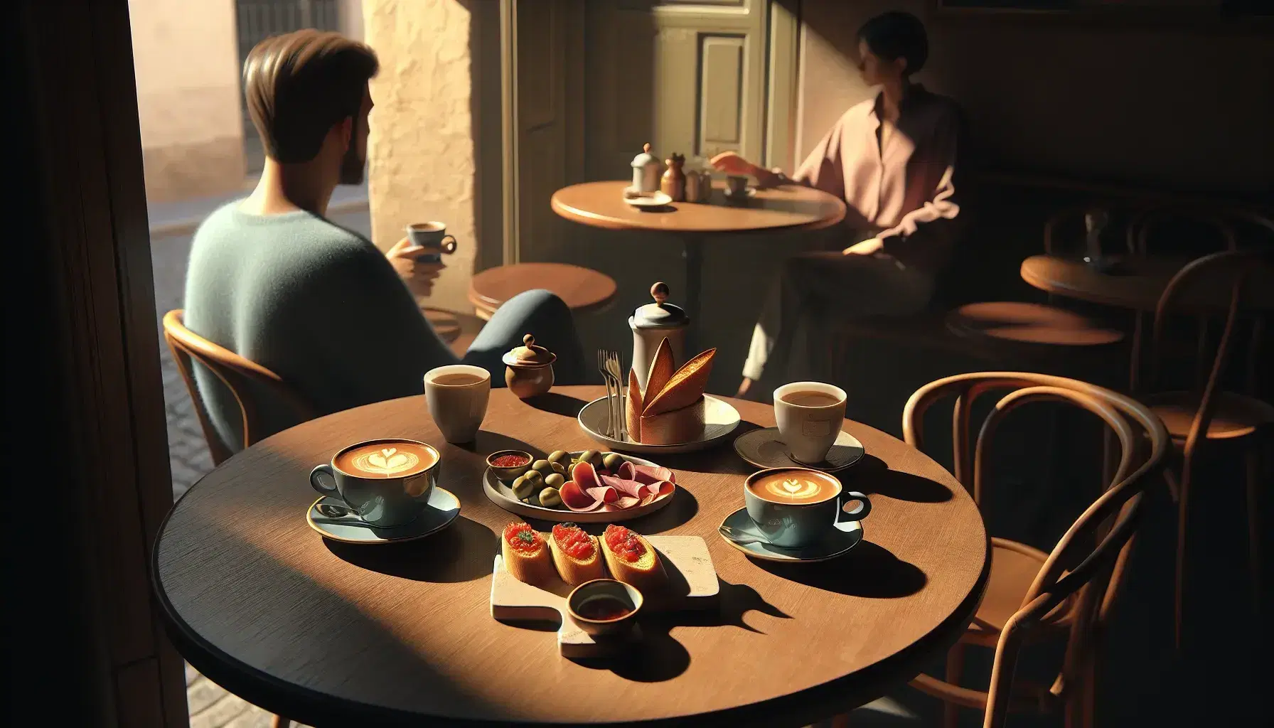 Cozy Spanish café scene with sunlit wooden table, coffee with heart foam art, tapas with tomato bread, olives, cured ham, and chatting patrons.