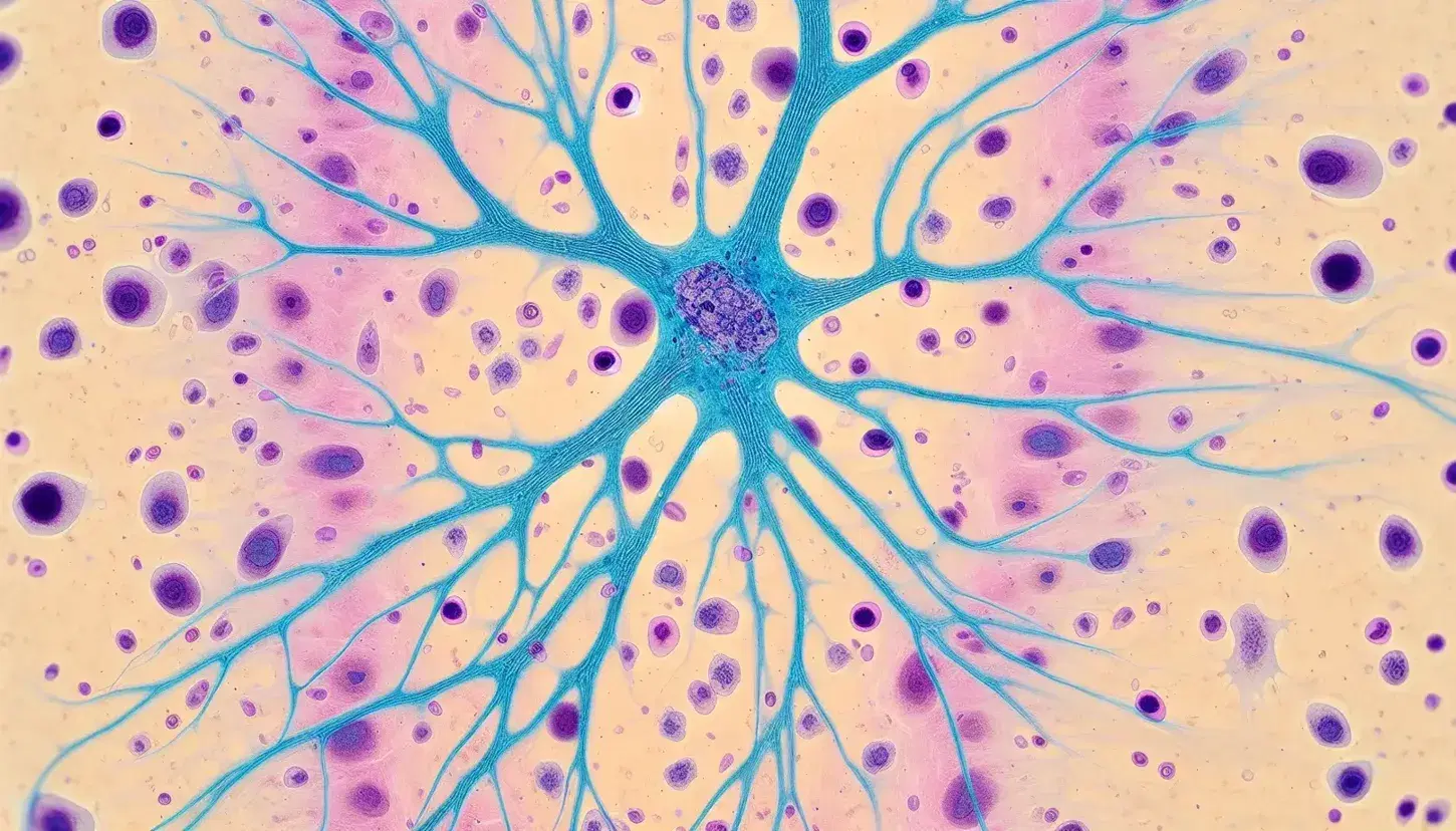 Vista microscópica de tejido nervioso con célula central alargada en azul y ramificaciones, rodeada de células menores en rosa sobre fondo amarillo.