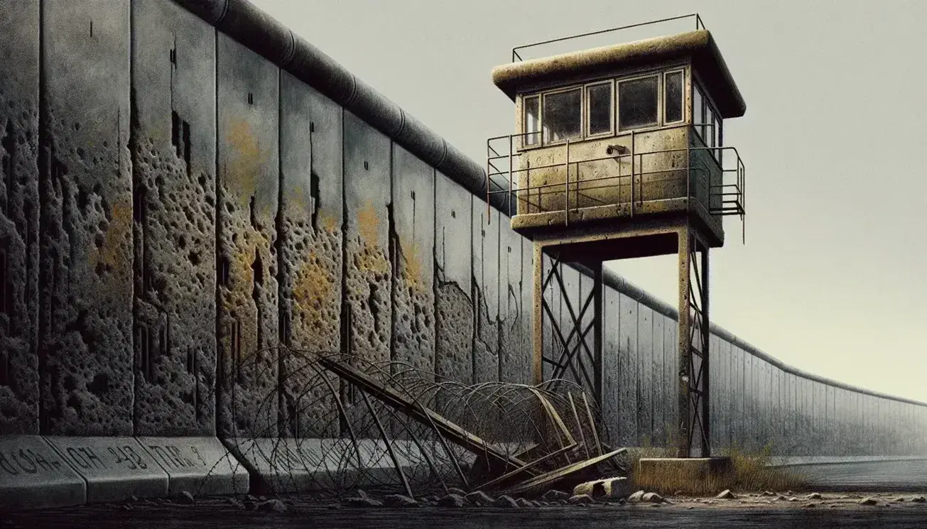 Dilapidated section of the Berlin Wall with a guard tower, surrounded by overgrown grass, wildflowers, and rusted barbed wire under a cloudy sky.