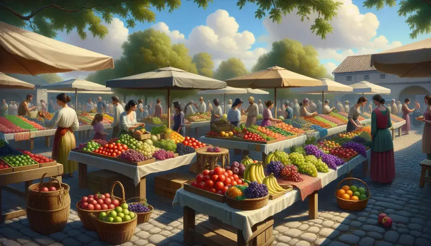 Mercado al aire libre con mesas de frutas y verduras frescas, clientes comprando y vendedor atendiendo, bajo un cielo azul con árboles alrededor.