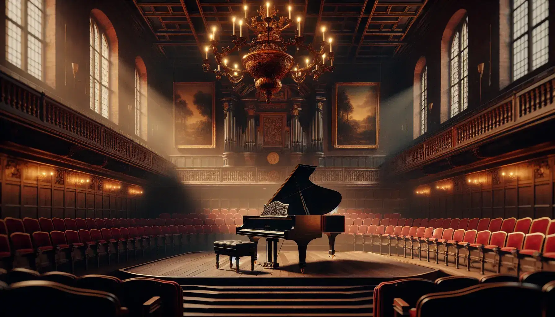 Sala concerti antica con pianoforte a coda nero su palco in legno, sedie in velluto rosso e arazzi, attesa di un'esibizione.