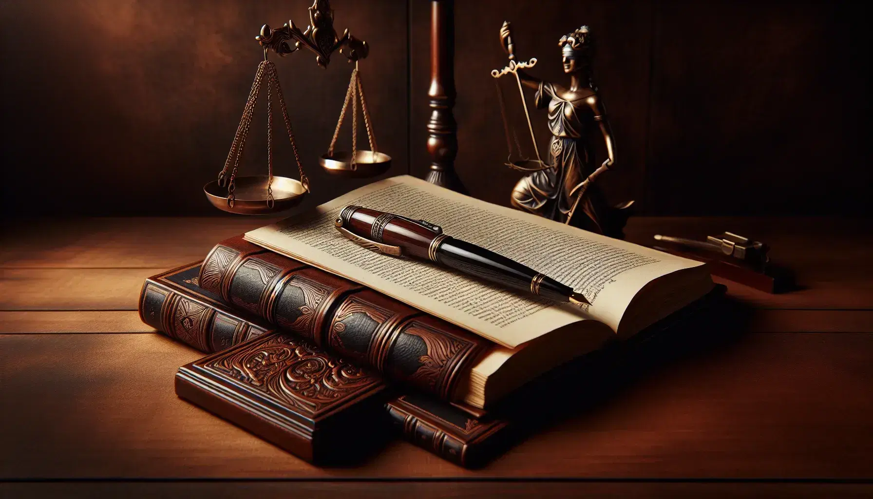 Libro antiguo abierto con tapas de cuero marrón oscuro y páginas color crema sobre superficie de madera, junto a pluma antigua y balanza de justicia en equilibrio.