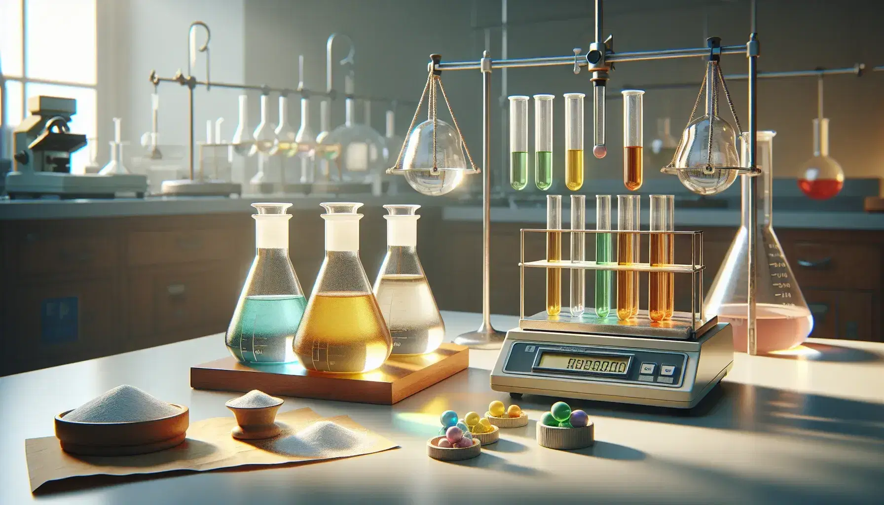 Laboratorio de química con erlenmeyers de líquidos coloridos, tubos de ensayo en soporte de madera, balanza analítica y polvo blanco.