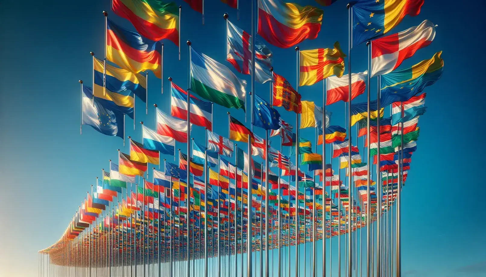 Bandiere dei paesi membri dell'Unione Europea sventolano su un'asta contro un cielo azzurro, con persone sfocate in basso.