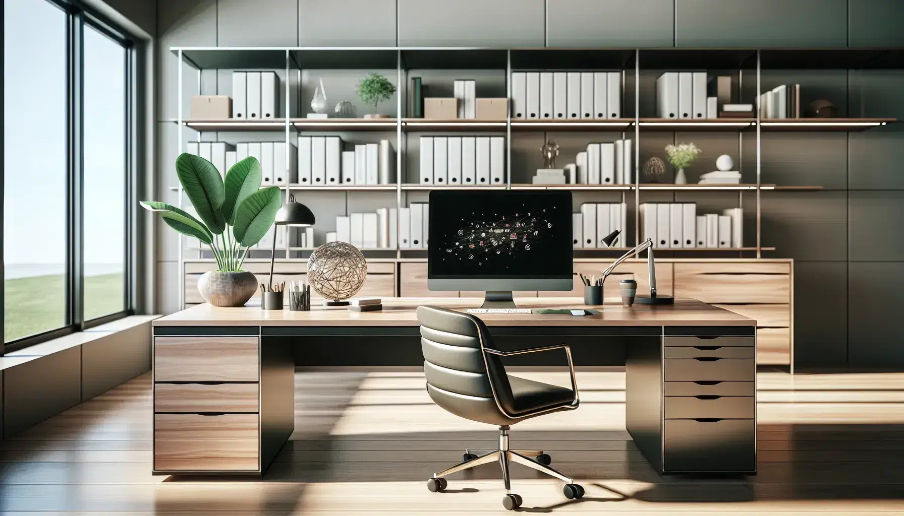 Tidy office with wooden desk, modern computer, green plant, black leather chair, shelves with bindings and minimalist decorations.