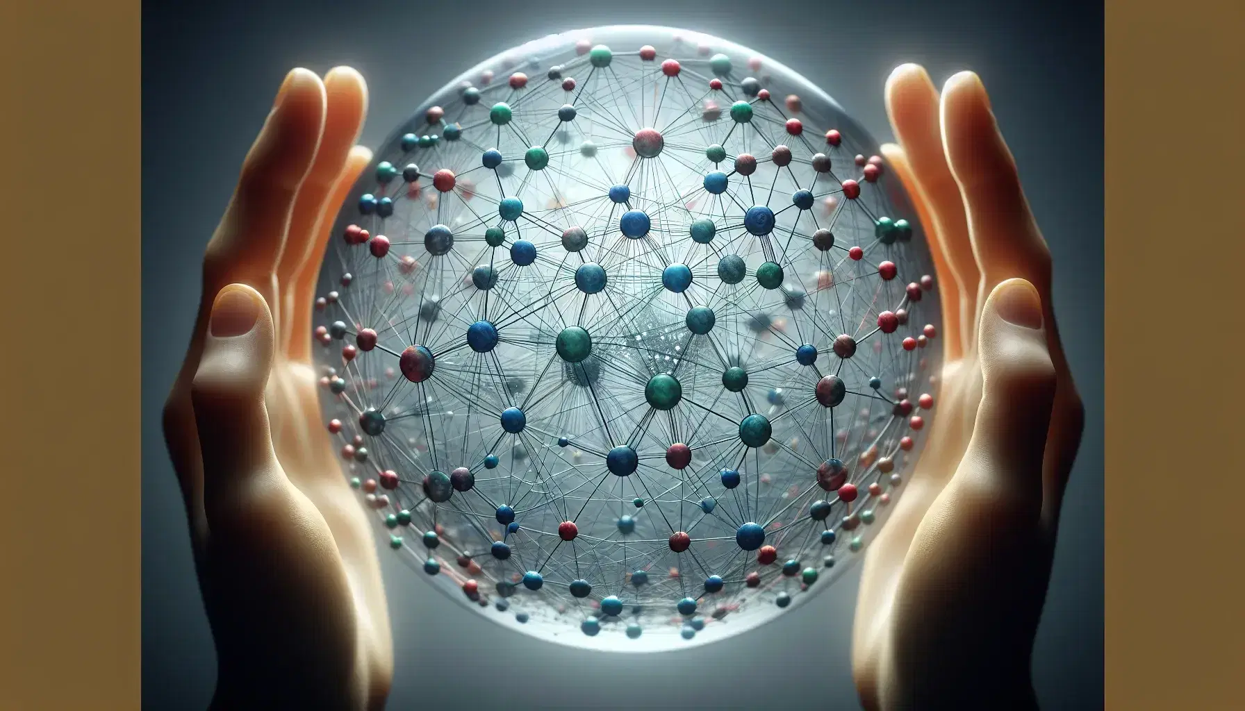 Hands cradling a transparent sphere with a miniature network of interconnected nodes in shades of blue, green, and red against a gray backdrop.